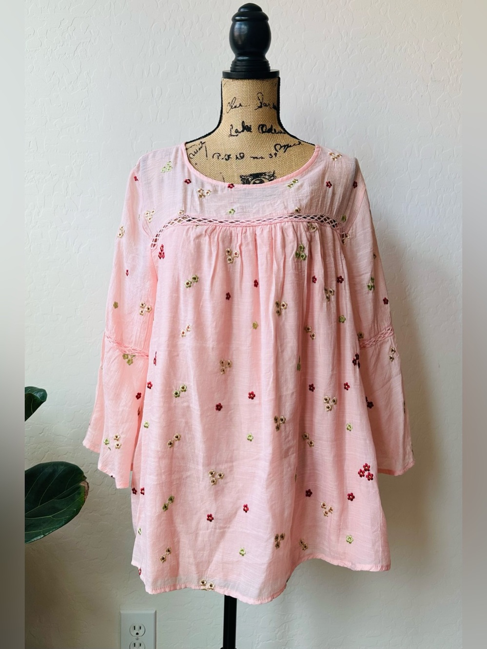 Light Pink Embroidered Peasant Blouse with Crochet Yoke